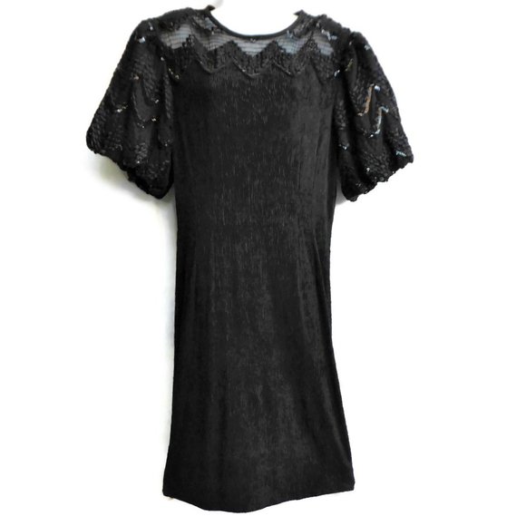Vintage Black Evening Dress Ric Rac Sequin Puff Sleeves Crinkle Sheath Union Tag - Picture 2 of 13